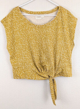 Anthropologie Mustard Yellow Patterned Tie-Front Crop Top